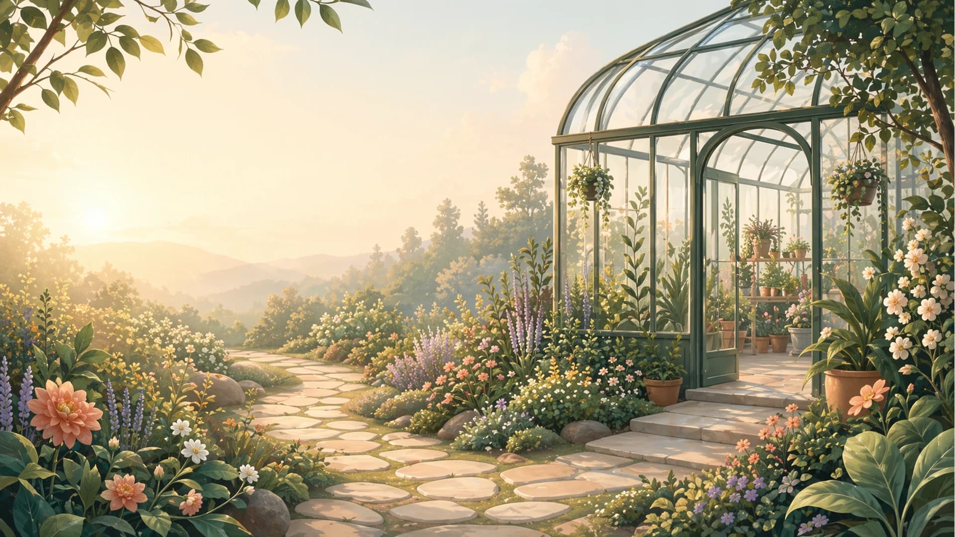 Sunlit greenhouse garden with a stone path and lush plants.